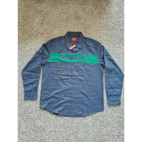 Supreme Navy Blue Racing Logo Work Shirt Long Sleeve Size XL